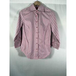 Robert Graham‎ Embroidered Gingham Check Flip Cuff Shirt Pink Preppy Womens XS